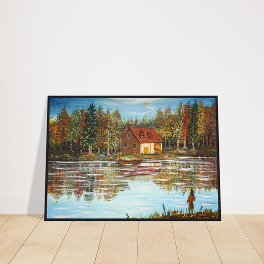 "A Small House On The Lake" - Museum-Quality Matte Paper Wooden Framed Poster - Devora Gallery