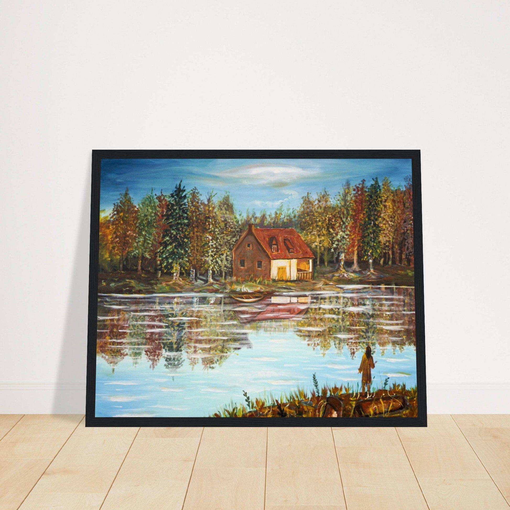 "A Small House On The Lake" - Museum-Quality Matte Paper Wooden Framed Poster - Devora Gallery