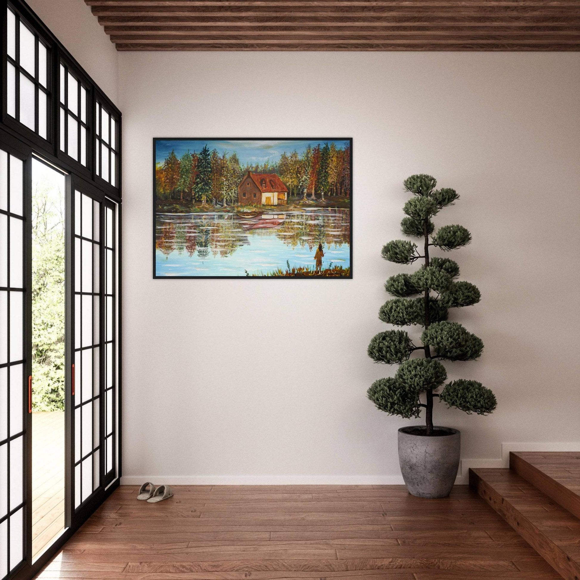 "A Small House On The Lake" - Museum-Quality Matte Paper Wooden Framed Poster - Devora Gallery